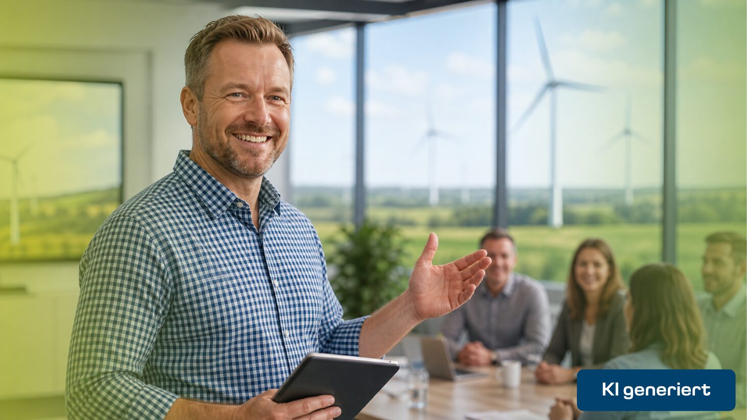 Webseite_klassisches Projektmarketing_Mann mit Tablet_KI generiert